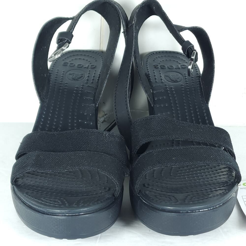 Crocs Women's Leigh II US 10 Black Canvas Ankle Strap Wedge Comfort Sandals NWT - Picture 5 of 16